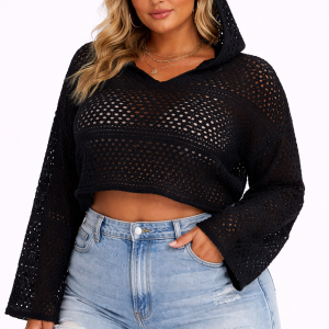 Plus Size Cropped Hooded Open-Knit Sweater