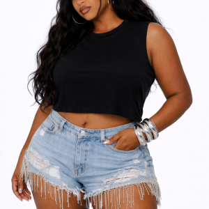 Plus Size Distressed Rhinestone-Fringe Denim Shorts