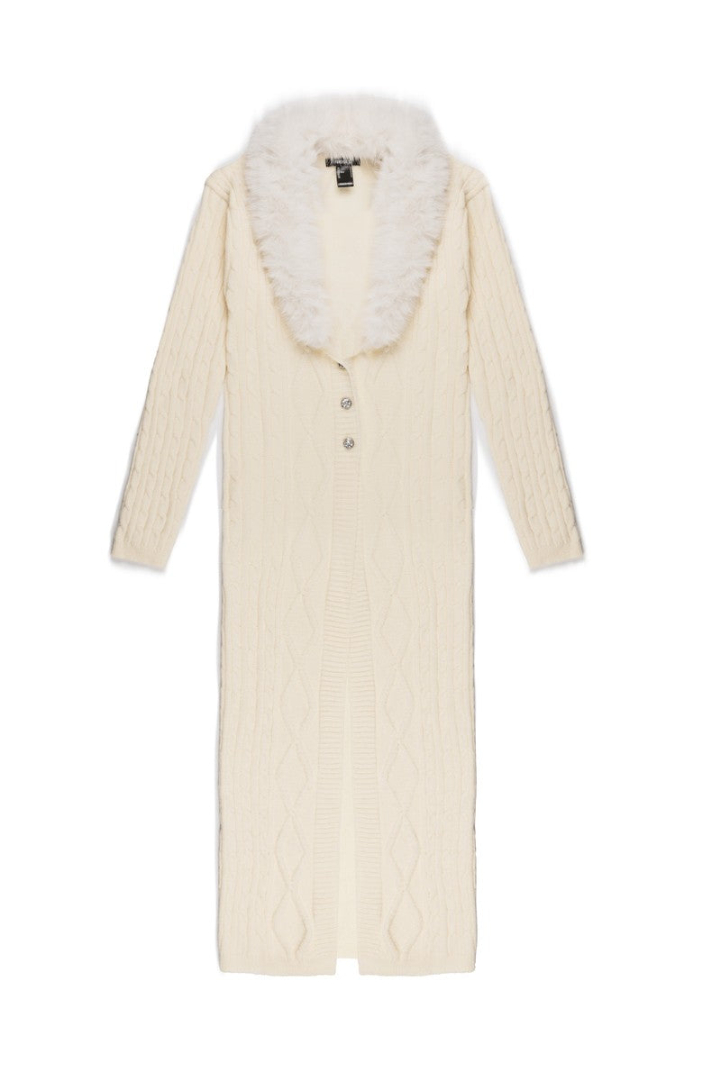 Faux Fur-Collar Cable Knit Longline Cardigan - Image 14