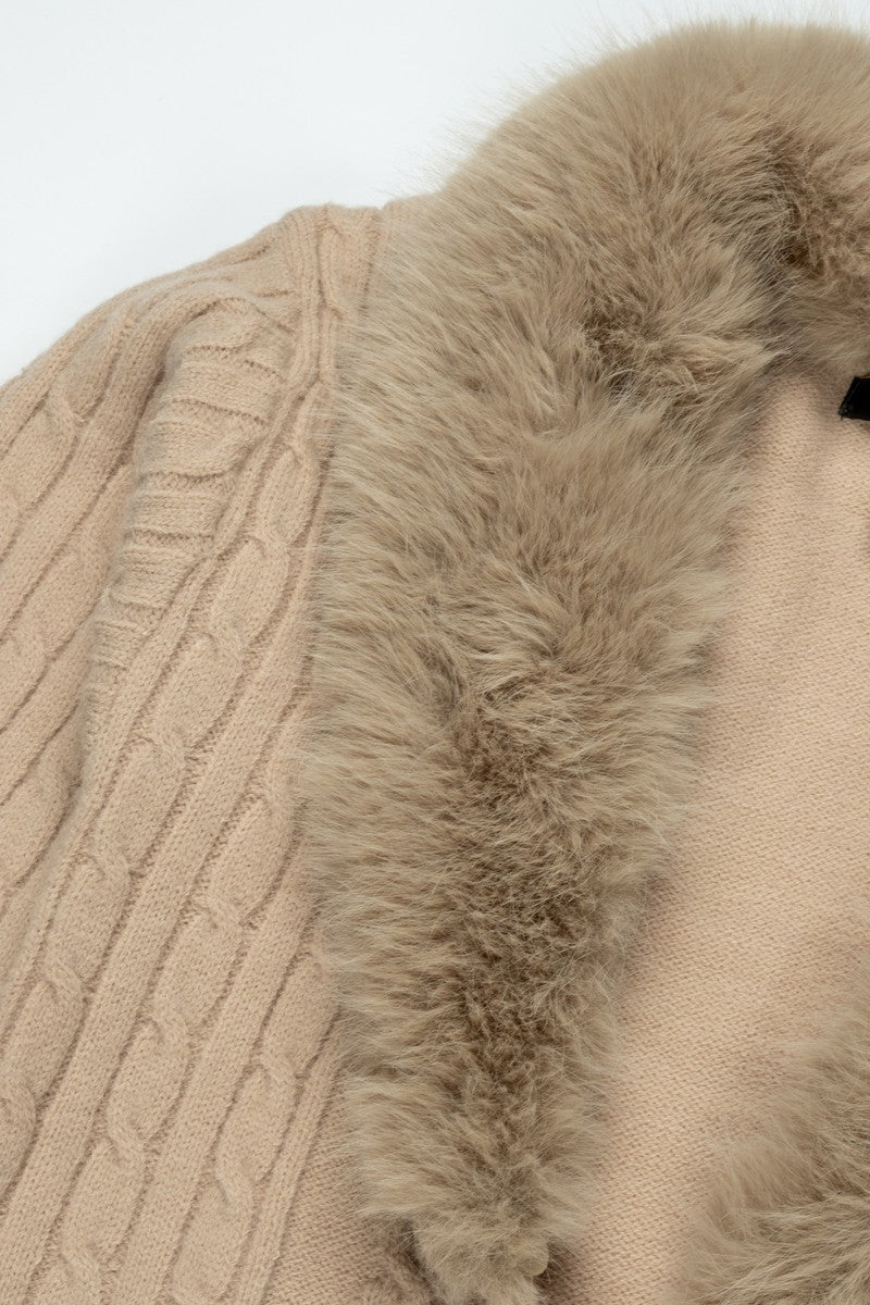 Faux Fur-Collar Cable Knit Longline Cardigan - Image 6