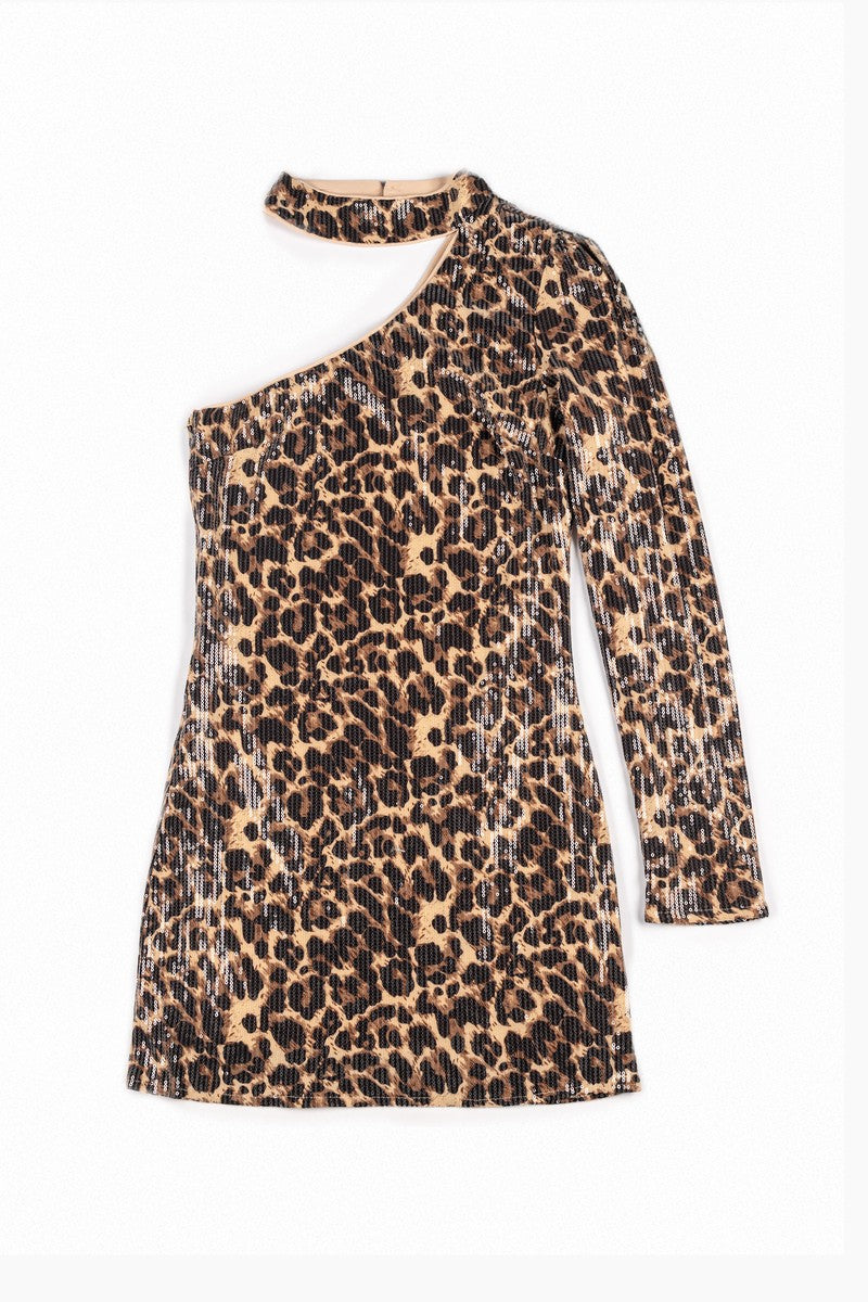 Sequin One-Shoulder Leopard Mini Dress - Image 5