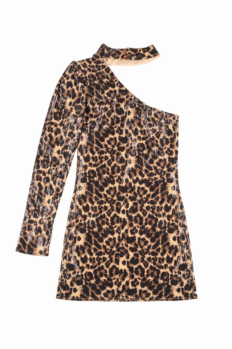 Sequin One-Shoulder Leopard Mini Dress - Image 7