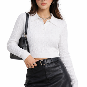 Cable Knit Cropped Polo Sweater