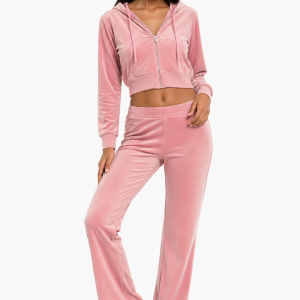 Velour Zip-Front Hoodie & Pant Set