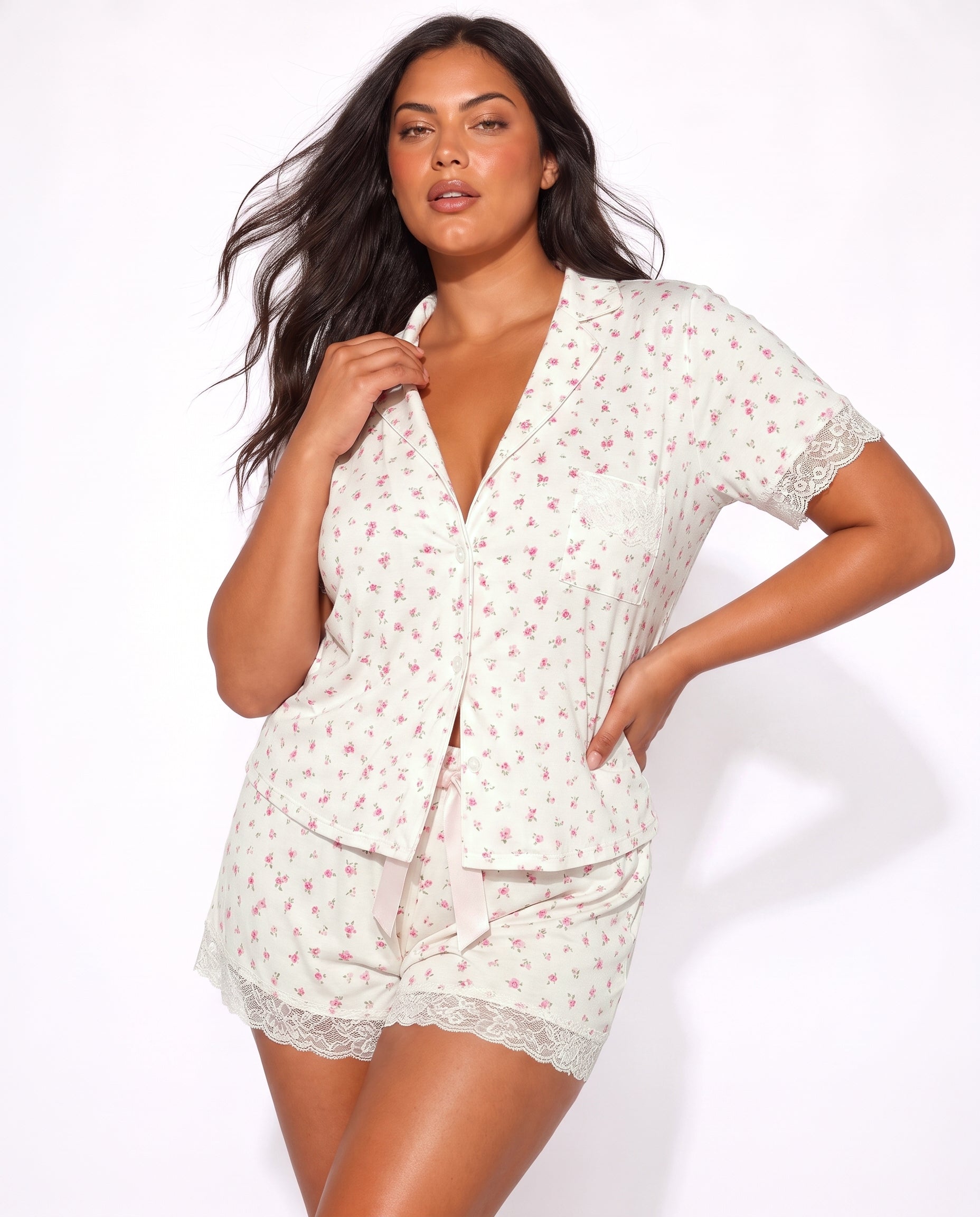 Plus Lace Trim Short Pajama Set - Image 5