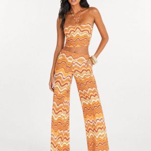 Chevron Halter Top and Wide-Leg Pant Set