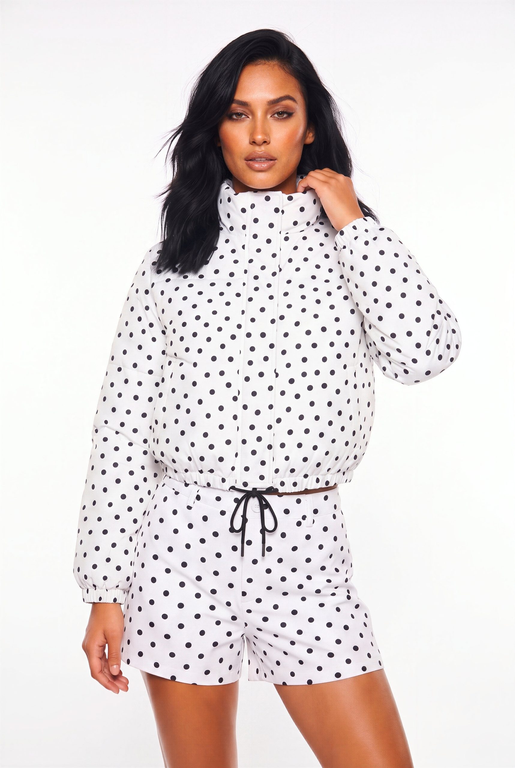 Polka Dot Drawstring Cropped Jacket