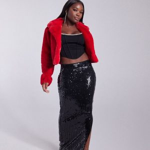 Sequin Leg-Slit Maxi Skirt