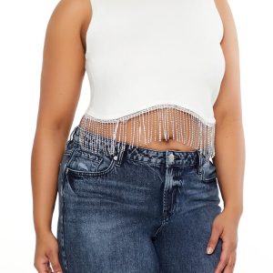 Plus Size Sweater-Knit Rhinestone Crop Top