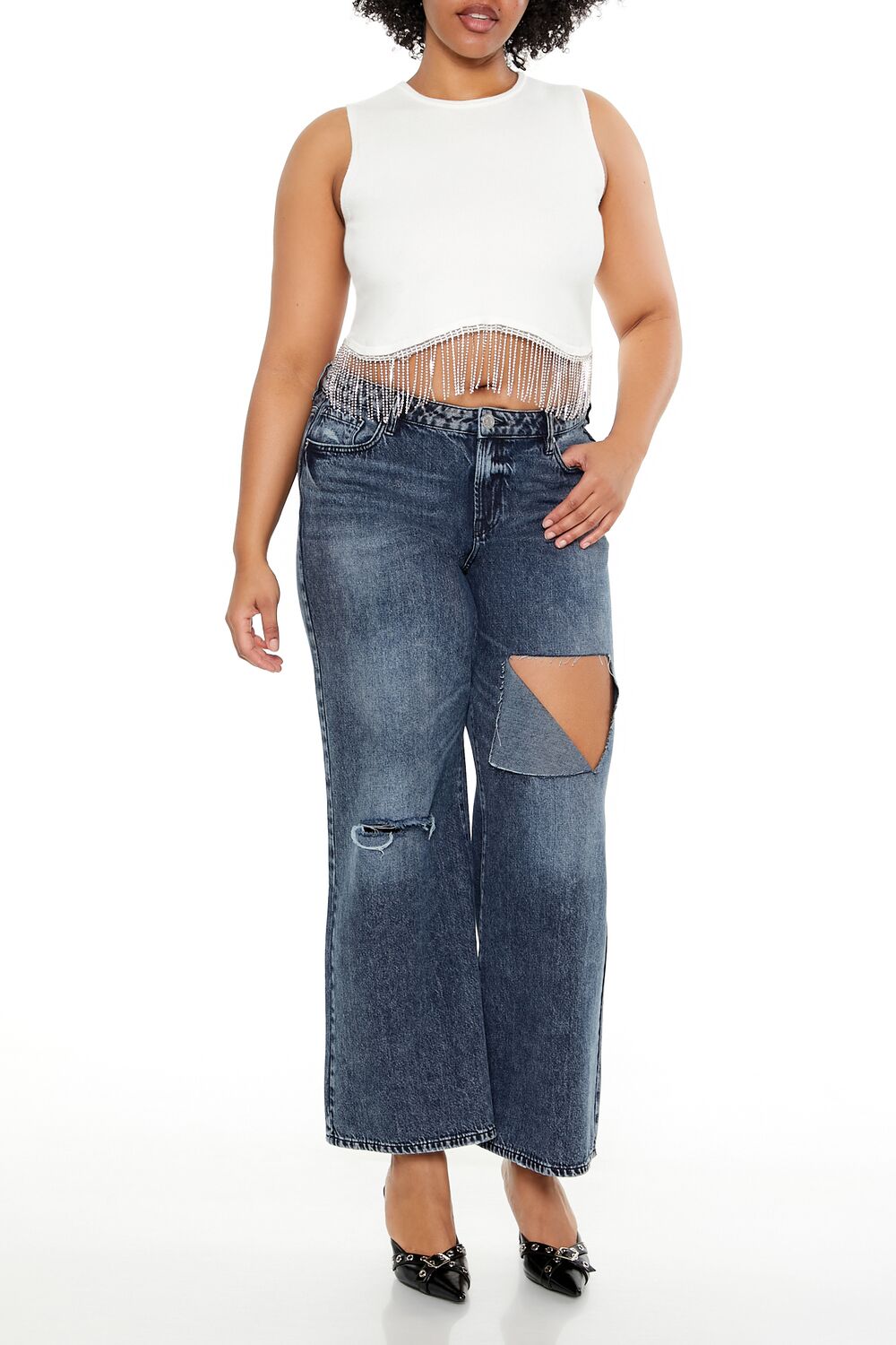 Plus Size Sweater-Knit Rhinestone Crop Top - Image 2