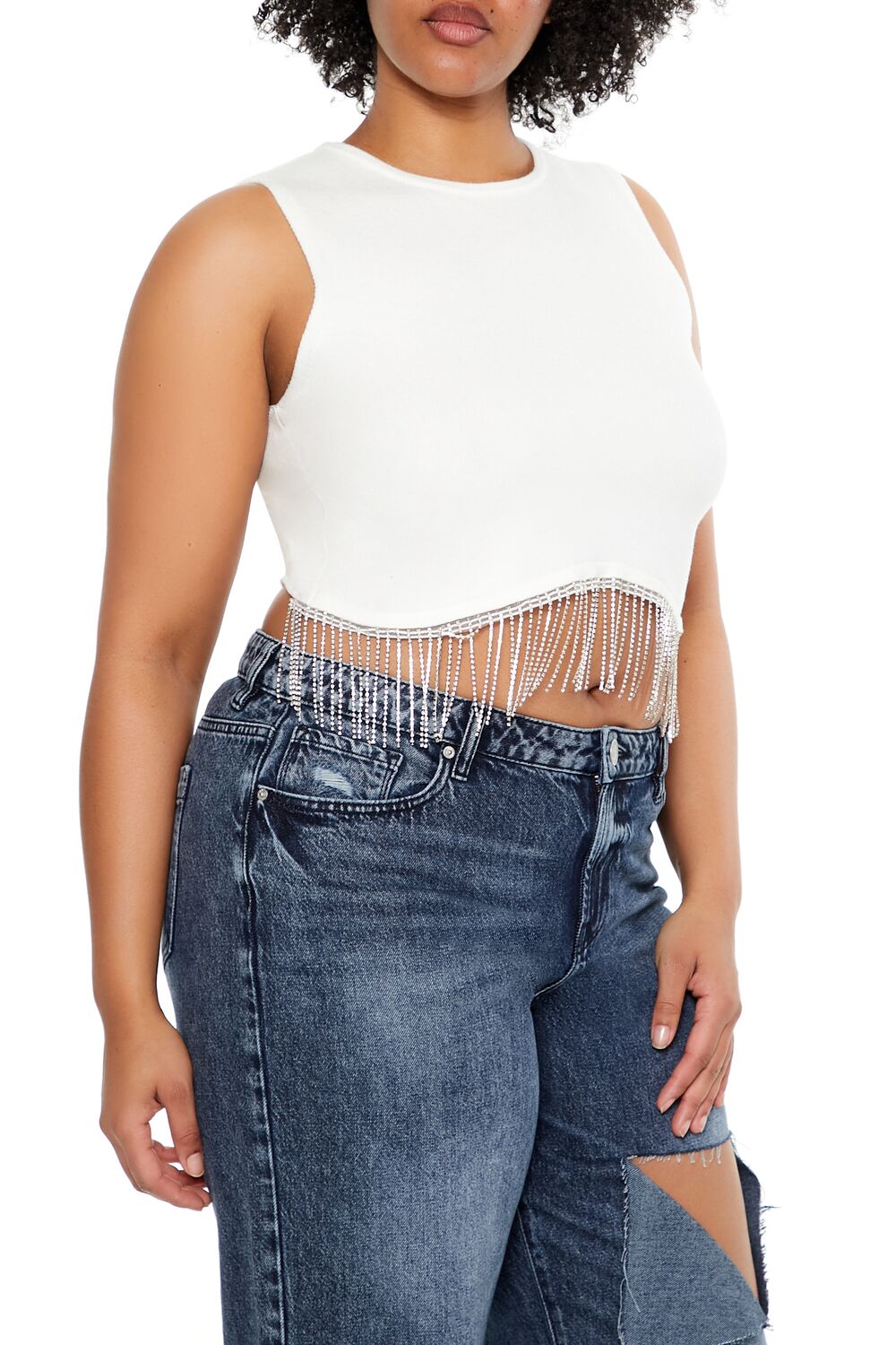 Plus Size Sweater-Knit Rhinestone Crop Top - Image 4