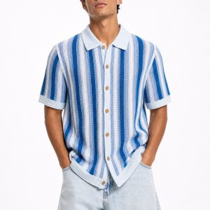 Striped Open Knit Button Down Shirt