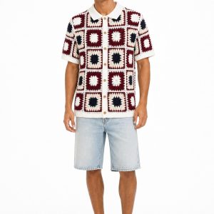 Crochet Short Sleeve Button Down Shirt