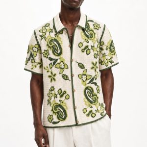Botanical Crochet Short Sleeve Button Down Shirt