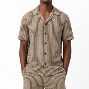 Striped Textured Knit Button Down Shirt