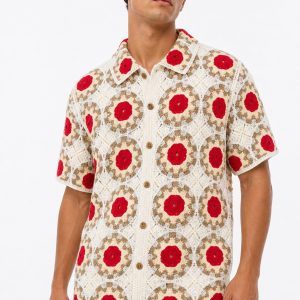 Medallion Crochet Short Sleeve Button Down Shirt